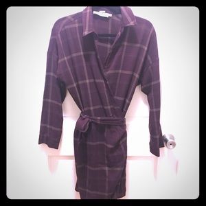 Aubergine and grey plaid ASTR wrap dress
